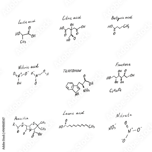 Hand drawn chemistry formula set. Sketched molecule formulas, different chemical skeletal structural models