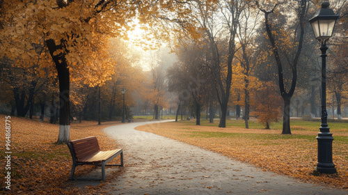 A cozy autumn park with vibrant maple trees attracts with its charm and warmth