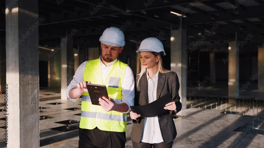 Man and woman, wearing safety helmets, are walking through unfinished building. Engineer, dressed in visibility vest, is showing something on tablet to architect, who is holding papers or blueprints. Man and woman, wearing safety helmets, are walking through unfinished building. Engineer, dressed in visibility vest, is showing something on tablet to architect, who is holding papers or blueprints.