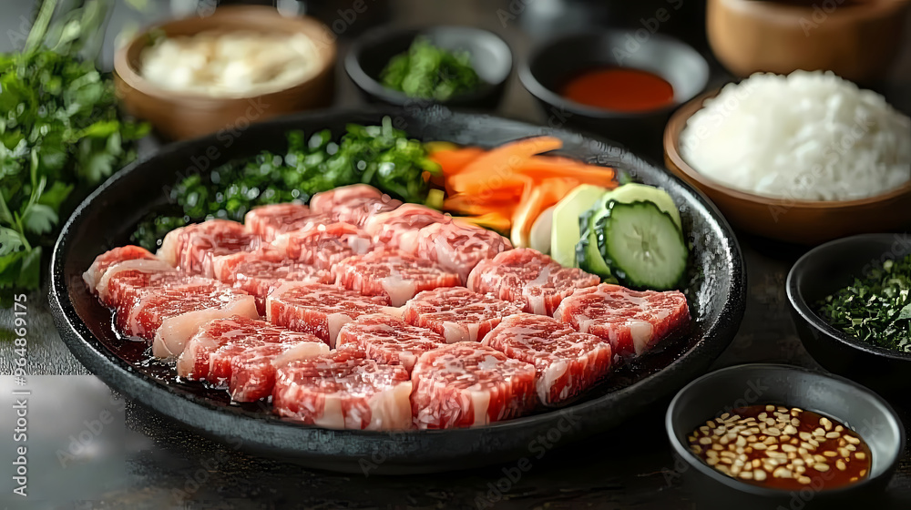 An elegant table setting featuring Shabu Shabu, with thinly sliced beef and an assortment of fresh vegetables arranged around a bubbling hot pot. An elegant table setting featuring Shabu Shabu, with thinly sliced beef and an assortment of fresh vegetables arranged around a bubbling hot pot.