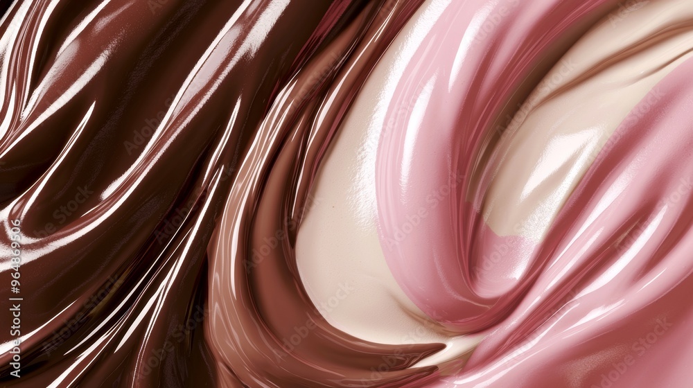 Abstract background featuring smooth and glossy swirls of liquid chocolate and strawberry cream, creating a visually appealing and indulgent design