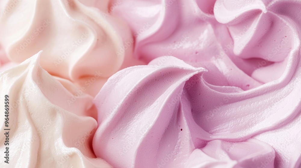 Soft pink and white cream swirls create a delicious backdrop for pastry themes. Ideal for adding sweetness to designs, this close-up captures fluffy whipped meringue frosting Soft pink and white cream swirls create a delicious backdrop for pastry themes. Ideal for adding sweetness to designs, this close-up captures fluffy whipped meringue frosting
