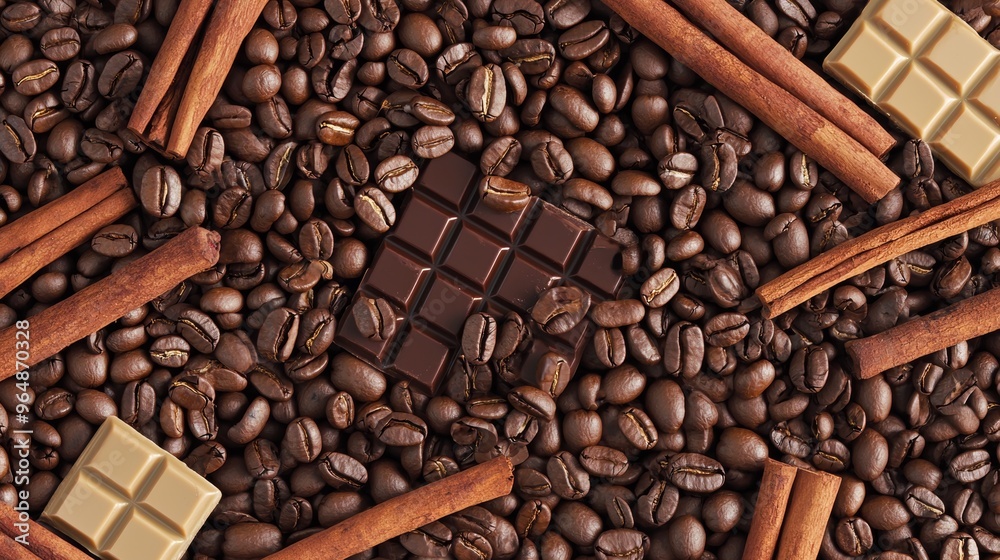 Fototapeta premium Delicious assortment of coffee beans is scattered on a surface, creating the perfect background for showcasing the inviting chocolate and aromatic cinnamon sticks