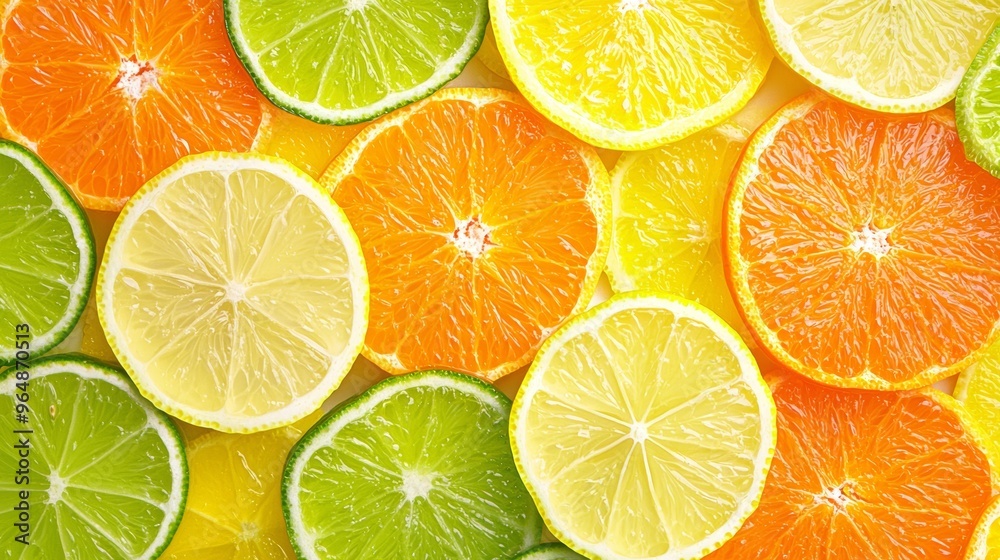 Fototapeta premium Colorful assortment of oranges, lemons, and limes are sliced and arranged, creating a vibrant and healthy background. The juicy citrus fruit are bursting with vitamins and flavor