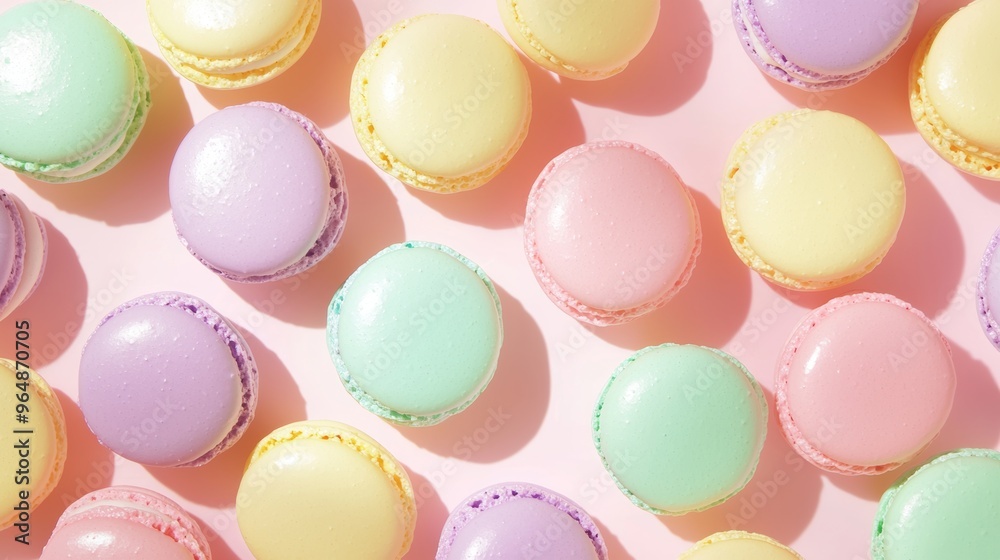 Array of pastel macarons on pink background, creating a sweet and colorful pattern. Perfect for food photography collections Array of pastel macarons on pink background, creating a sweet and colorful pattern. Perfect for food photography collections