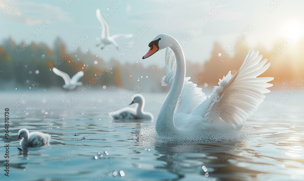 White swans with their soft feathers are an expression of beauty in a calm river Generate AI