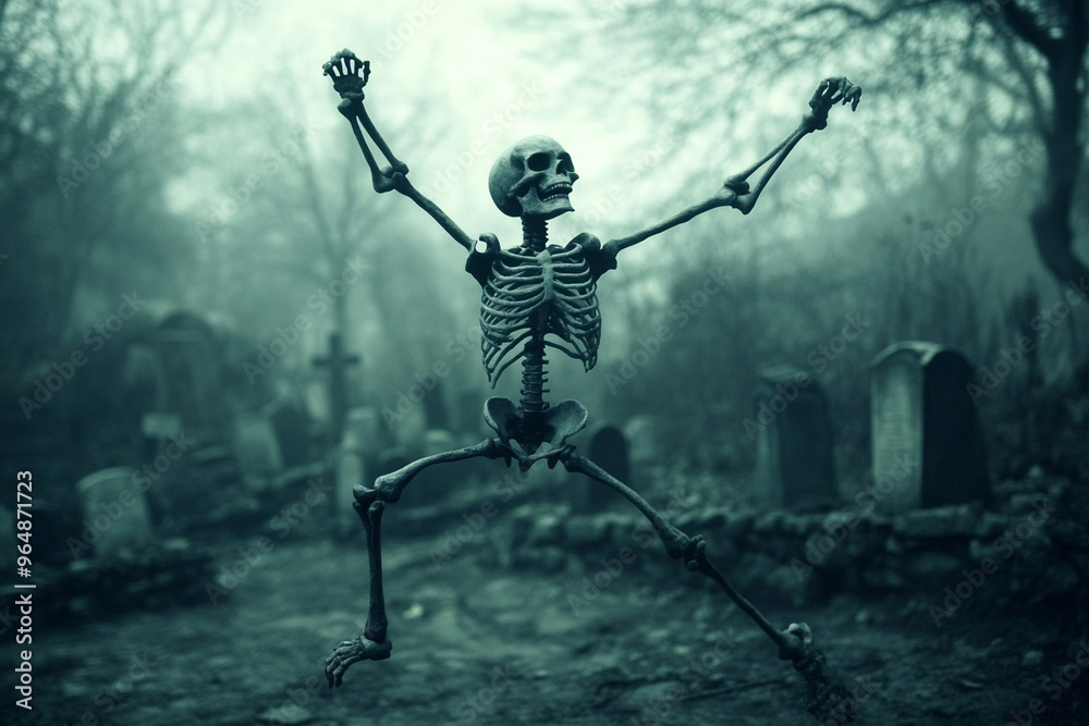 Fototapeta premium Skeleton Dancing in a Graveyard with Tombstones in the Background