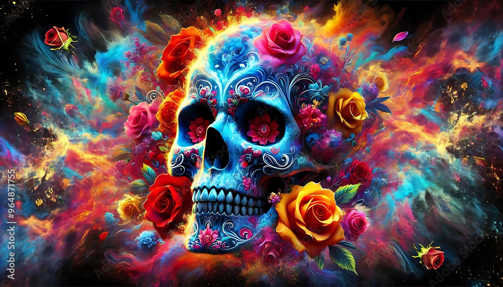 Colorful Sugar Skull with Roses Celebrating Día de los Muertos Traditions, generative ai Colorful Sugar Skull with Roses Celebrating Día de los Muertos Traditions, generative ai
