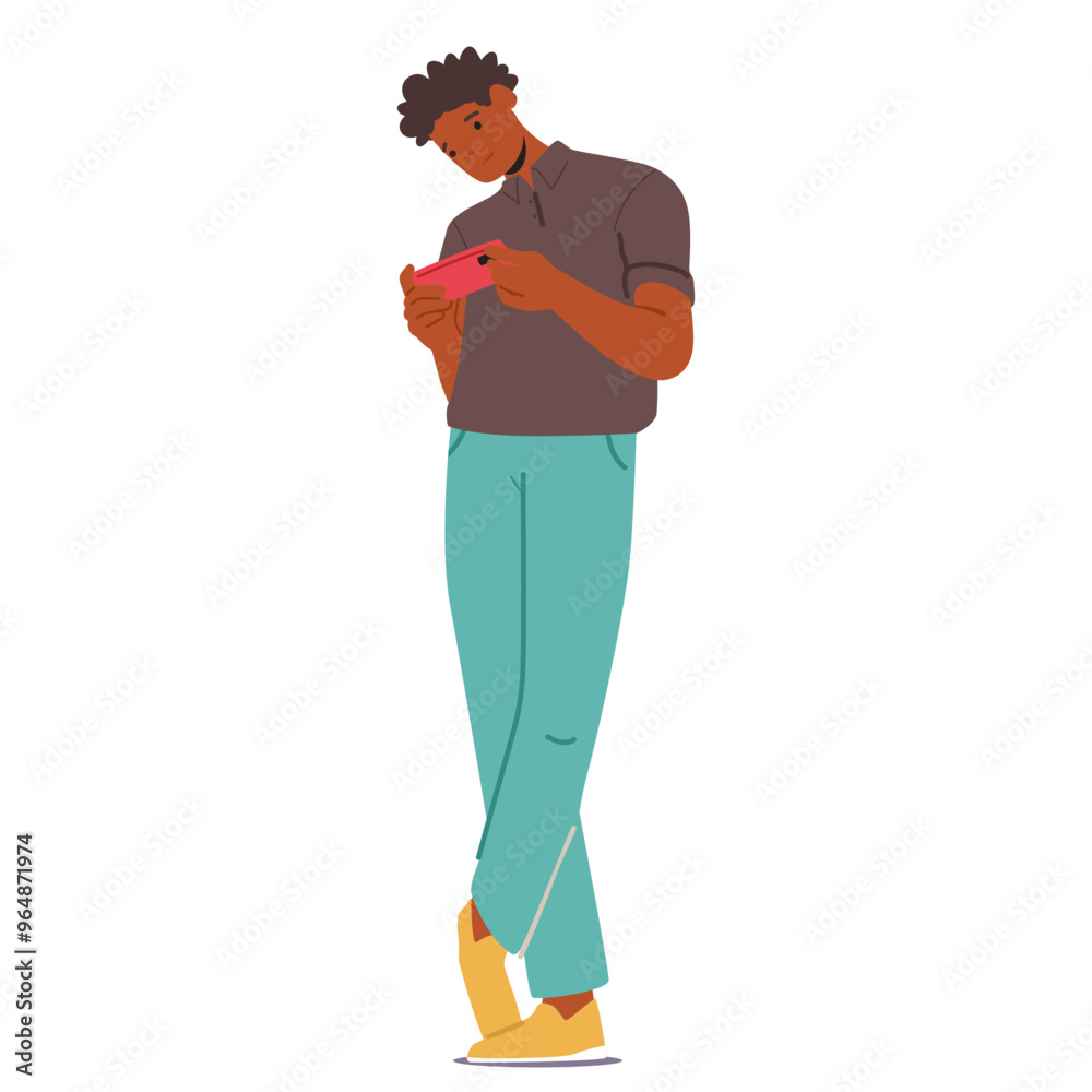 Cartoon Male Character Standing And Using A Smartphone. Young Person Is Casually Dressed And Appears Focused Cartoon Male Character Standing And Using A Smartphone. Young Person Is Casually Dressed And Appears Focused