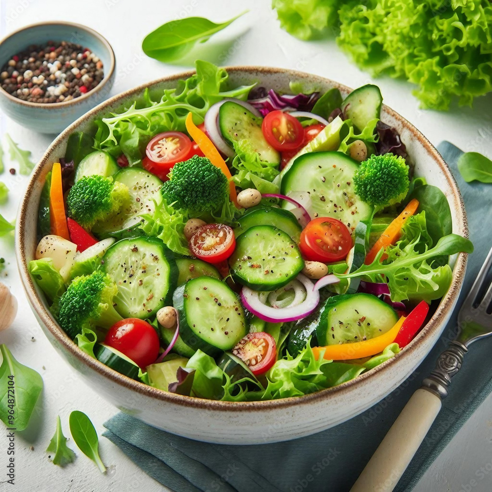 salad with assorted greens and vegetables served in a bowl isolated on a white background salad with assorted greens and vegetables served in a bowl isolated on a white background
