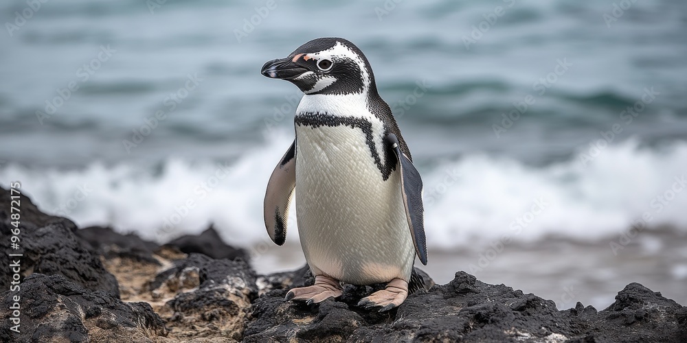 Naklejka premium Stunning photograph of a solitary Magellanic penguin on rocky shoreline with ocean waves in the background, highlighting wildlife beauty