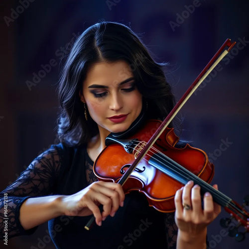 A stunning brunette woman with dark hair plays the violin, showcasing elegance, skill, and passion.