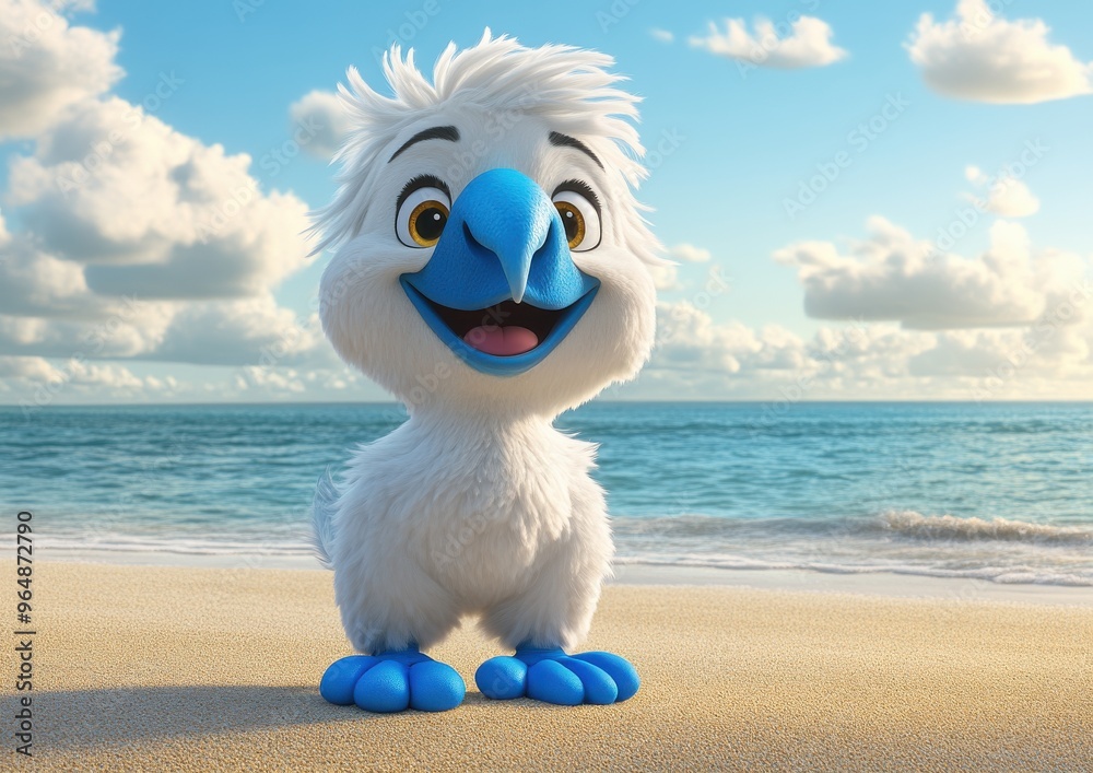 Obraz premium Adorable Blue and White Cartoon Bird Enjoys Sunny Day on the Beach with Clear Skies and Calm Ocean Waves in the Background