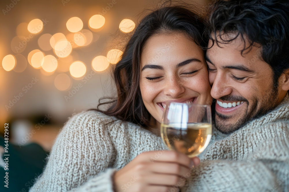 Happy Couple Enjoying Wine and Cuddling Together Happy Couple Enjoying Wine and Cuddling Together
