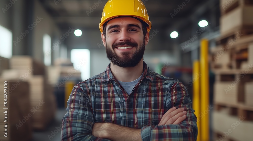 Smiling warehouse worker in hardhat standing confidently with crossed arms Smiling warehouse worker in hardhat standing confidently with crossed arms