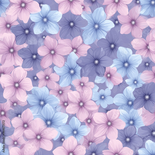 Pastel pink, blue and purple flowers, seamless pattern