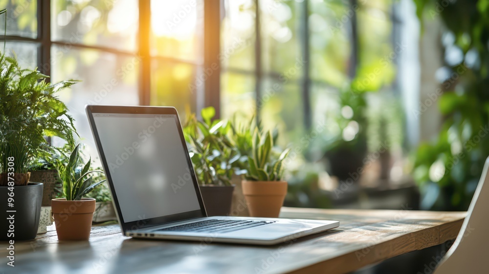 A cozy workspace with a laptop and plants in bright natural light A cozy workspace with a laptop and plants in bright natural light