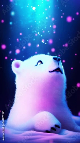 Cute cartoon polar bear looking at magical abstract snowflakes photo