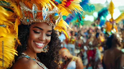 A smiling woman in a colorful carnival costume with a feathered headdress, celebrating at a lively cultural festival, symbolizing joy, tradition, and Latin American heritage.