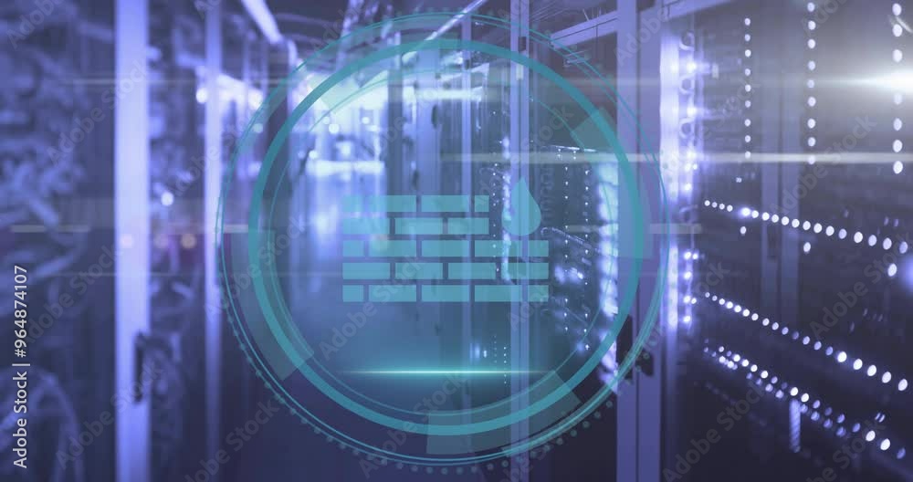 Animation of fire wall icon and digital data processing over computer servers Animation of fire wall icon and digital data processing over computer servers