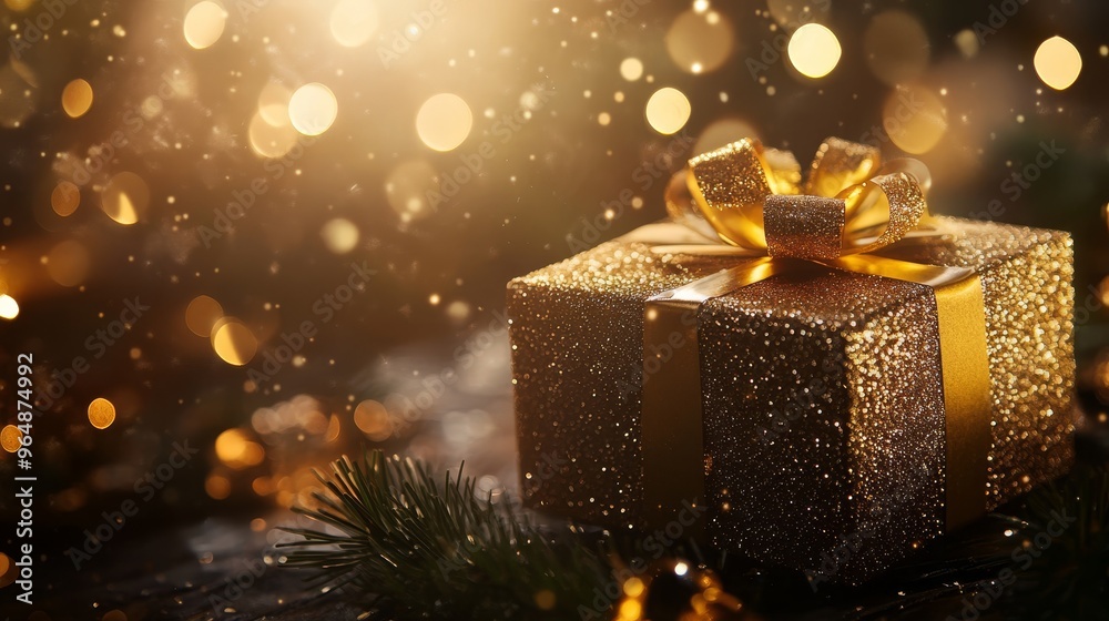Gift box with gold blurred light. Gift box background Gift box with gold blurred light. Gift box background