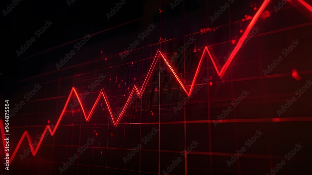 A financial chart with a bold red line ascending sharply, indicating positive economic progress, set against a dark background with glowing grid lines. A financial chart with a bold red line ascending sharply, indicating positive economic progress, set against a dark background with glowing grid lines.