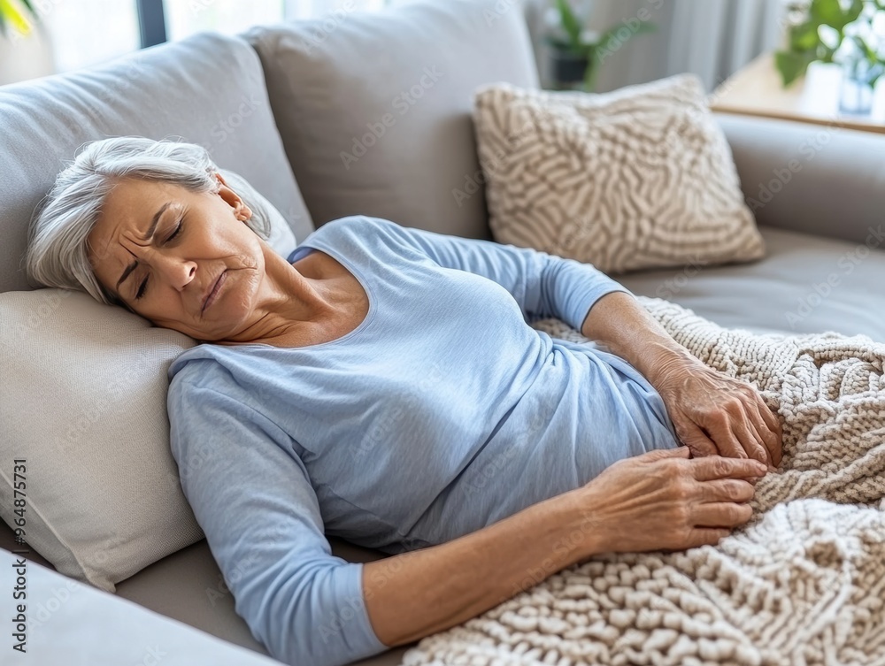 Senior woman lying on couch suffering from abdominal pain Senior woman lying on couch suffering from abdominal pain