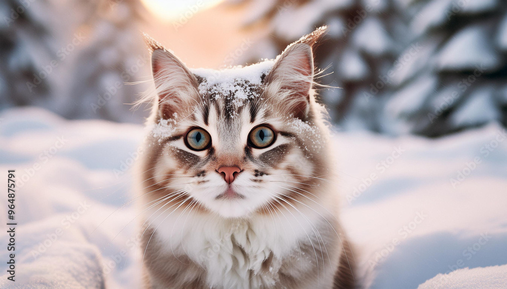 A fluffy tabby cat, its fur dusted with snow, gazes curiously into the camera. Its large, round eyes, filled with a mix of wonder and innocence, seem to sparkle against the snowy backdrop. A fluffy tabby cat, its fur dusted with snow, gazes curiously into the camera. Its large, round eyes, filled with a mix of wonder and innocence, seem to sparkle against the snowy backdrop.