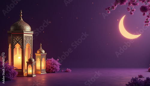 Royal Purple with Golden Lanterns Royal purple background with golden Islamic lanterns and a softly glowing crescent moon photo