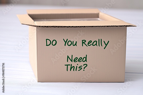 A cardboard box with the message "Do You Really Need This?" promotes mindful purchasing and anti-consumerism. The concept supports minimalism and Buy Nothing Day