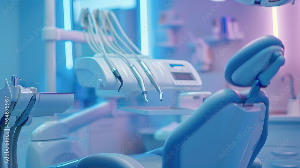 Modern dental chair with high-tech equipment in a sterile clinic environment, illuminated by soft blue lighting. Modern dental chair with high-tech equipment in a sterile clinic environment, illuminated by soft blue lighting.