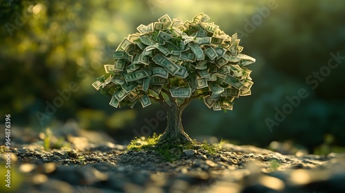 A tree with green leaves made of dollar bills, sprouting from the ground and growing upwards, symbolizing wealth accumulation in a natural setting.