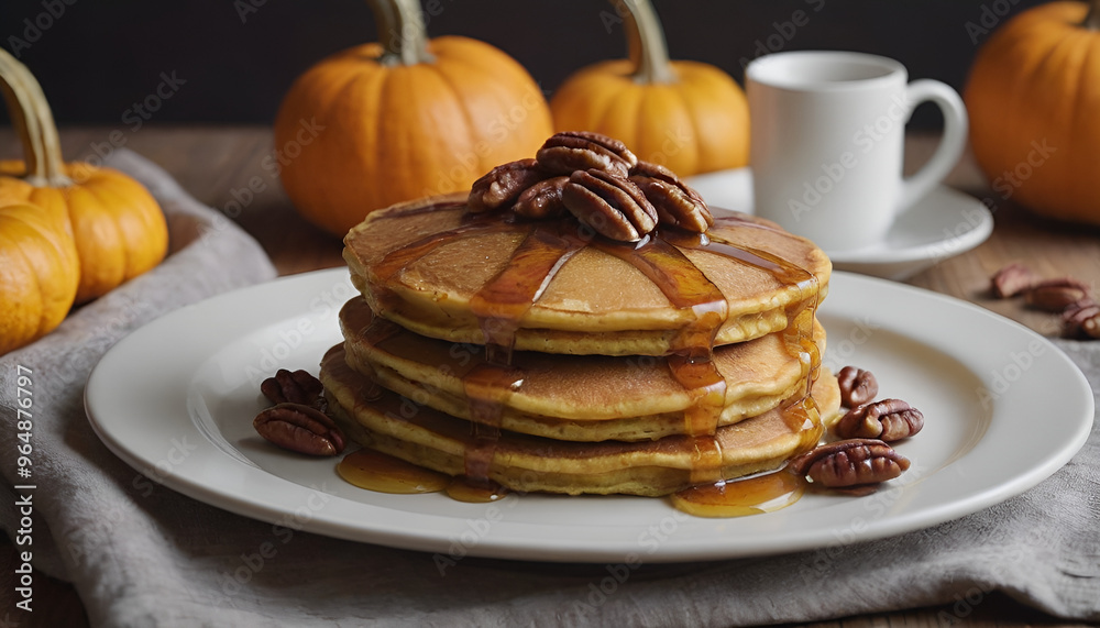 plate of pumpkin pancakes with pecans and maple syrup on top plate of pumpkin pancakes with pecans and maple syrup on top