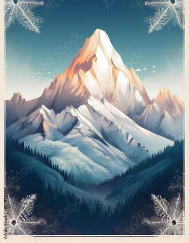 Winter Mountains Polygonal Poster - A vintage poster of a winter mountain scene with the peaks designed in a polygonal art style. Graphic art illustration. Ai Generated photo