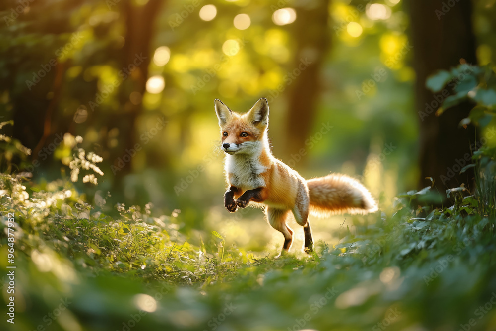 Fototapeta premium Close-up of a cute fox running in an autumn forest