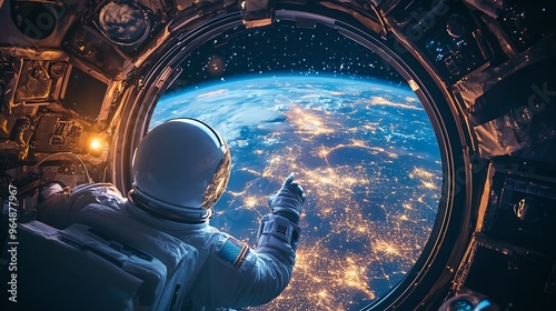 Fototapeta Naklejka Na Ścianę i Meble -  Astronaut inside spaceship cabin, looking out the window at Earth, exploring the universe from a rocket shuttle, future of space travel and technology in a cosmic background