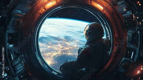 Fototapeta Naklejka Na Ścianę i Meble -  Astronaut inside spaceship cabin, looking out the window at Earth, exploring the universe from a rocket shuttle, future of space travel and technology in a cosmic background