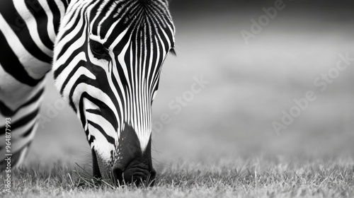 A zebra grazing on the grass in a field of black and white, AI