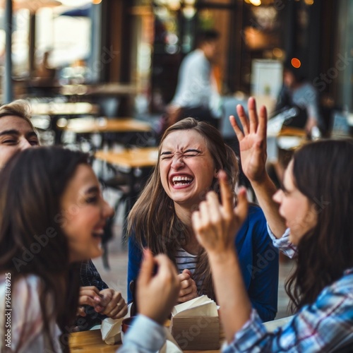 Group of Friends Laughing at a Café Terrace