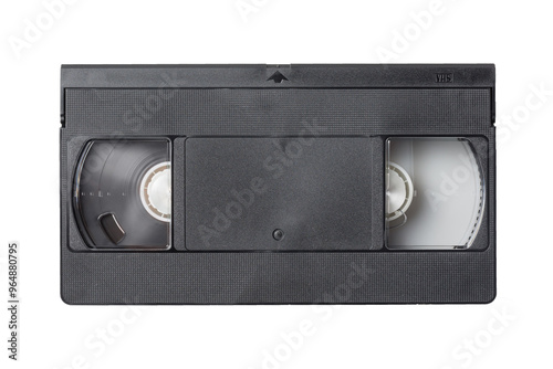 Retro video tape VHS cassette isolated on white background. Top view