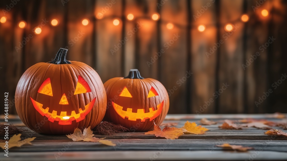 Obraz premium Fundo fotográfico de Halloween com abóboras iluminadas em piso de madeiras rústico e luzes desfocadas ao fundo. Ideal para convites, banners e outros projetos de Halloween