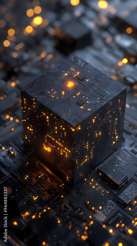 Black cube in futuristic technology circuit Black cube in futuristic technology circuit