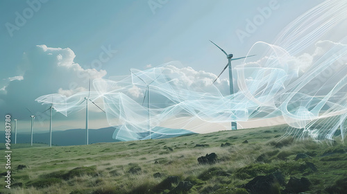 Wind farm where turbines metamorphose into giant processors and gusts of air visualize as flowing streams of code  photo