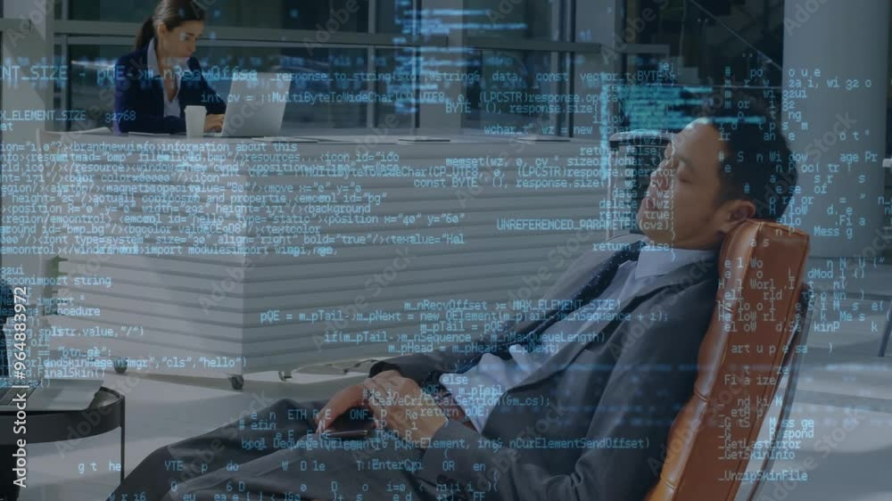 Animation of financial data processing over asian businessman sleeping in airport lounge Animation of financial data processing over asian businessman sleeping in airport lounge