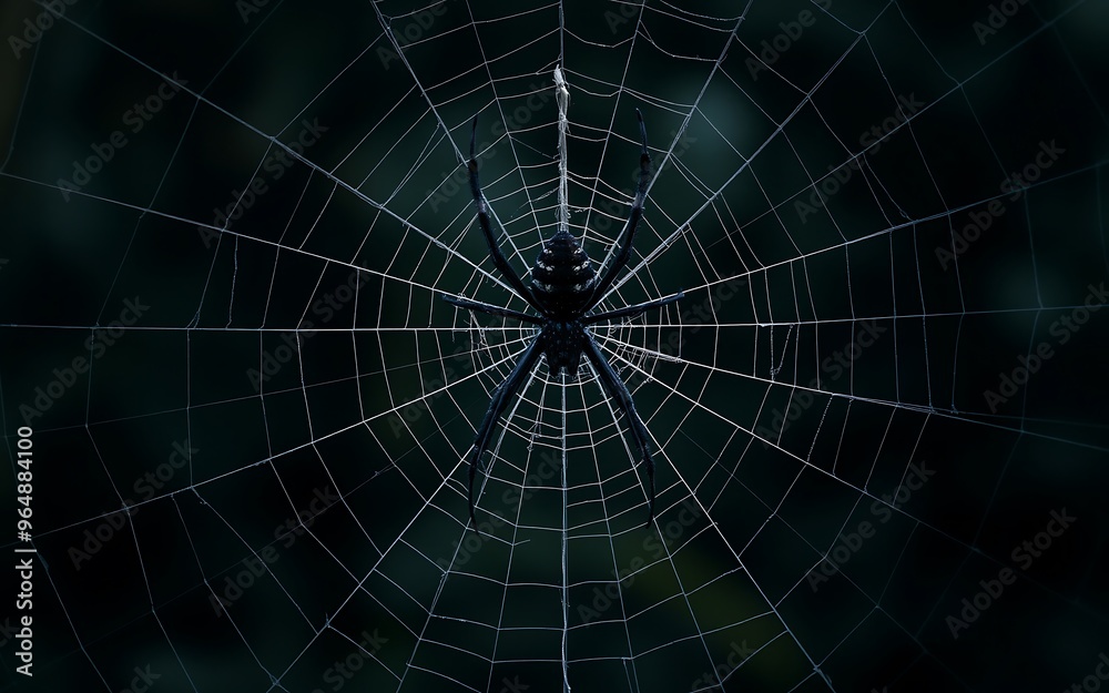 Fototapeta premium A close-up of a spider in its web, capturing the intricate details of the silk and the spider's menacing presence. Perfect for Halloween, horror, or nature themes. 