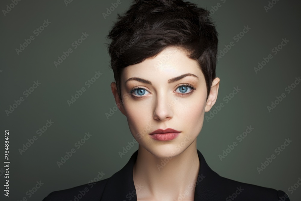 A woman with short hair and blue eyes is wearing a black jacket A woman with short hair and blue eyes is wearing a black jacket