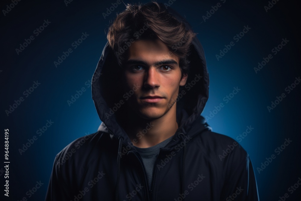 Naklejka premium A young man is wearing a black hoodie and is looking directly at the camera