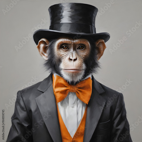  Immerse yourself in the vibrant world of silk ribbons with this charming painting of a monkey in a black and white suit, gazing directly at the viewer.