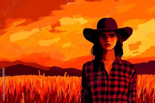 background image of a cowboy woman, western illustration style, western.  