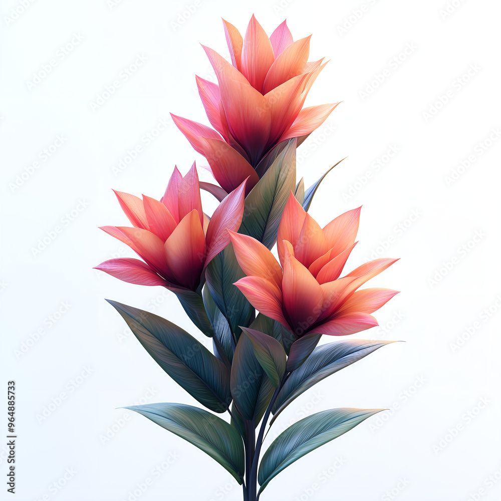isolated on white background illustration of a tropical plant with vibrant, stylized flowers